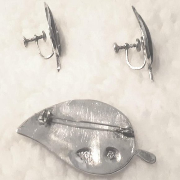 Mexican 925 Sterling Silver Pre-Eagle Abalone Leaf Brooch and Earrings - Picture 3 of 4